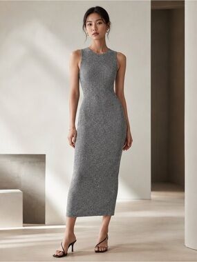 🤍 Monteau Ribbed Knit Sleeveless Midi Dress – Heather Grey Marl | Size Large